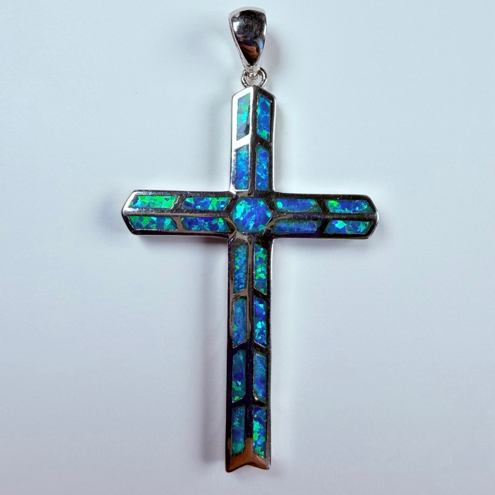 Hawaiian Blue Opal Crucifix Religious Cross 925 Sterling Silver 2" Pendant